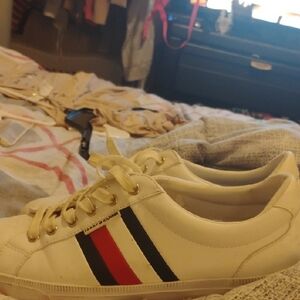 White Sneakers with Red and Black Stripes